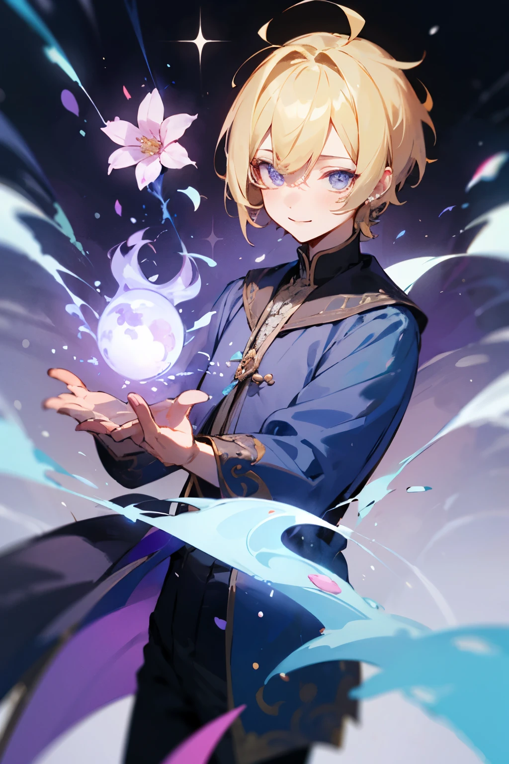 Male, Blonde, short hair, Honey eyes, dots bellow eyes, playful expression, hair accesories, Flower pingents, Flower decorations, purple Magic, Magic particles, purple particles