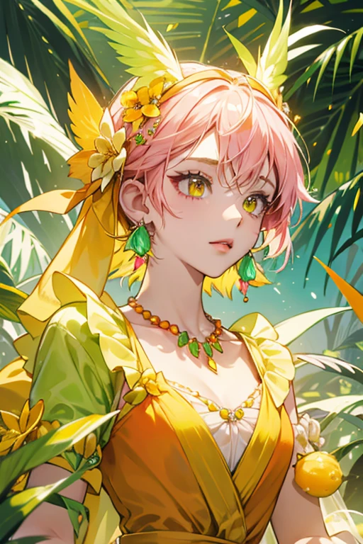 Rin is a parakeet with lime green feathers, a yellow beak, and pink talons. Her Jewel Eyes are made out of yellow/orange citrines. For her attire, she wears a pink bow behind her head and a silver beaded necklace with a butterfly-shaped citrine jewel attached around her neck. SPARKLE; GLITTER