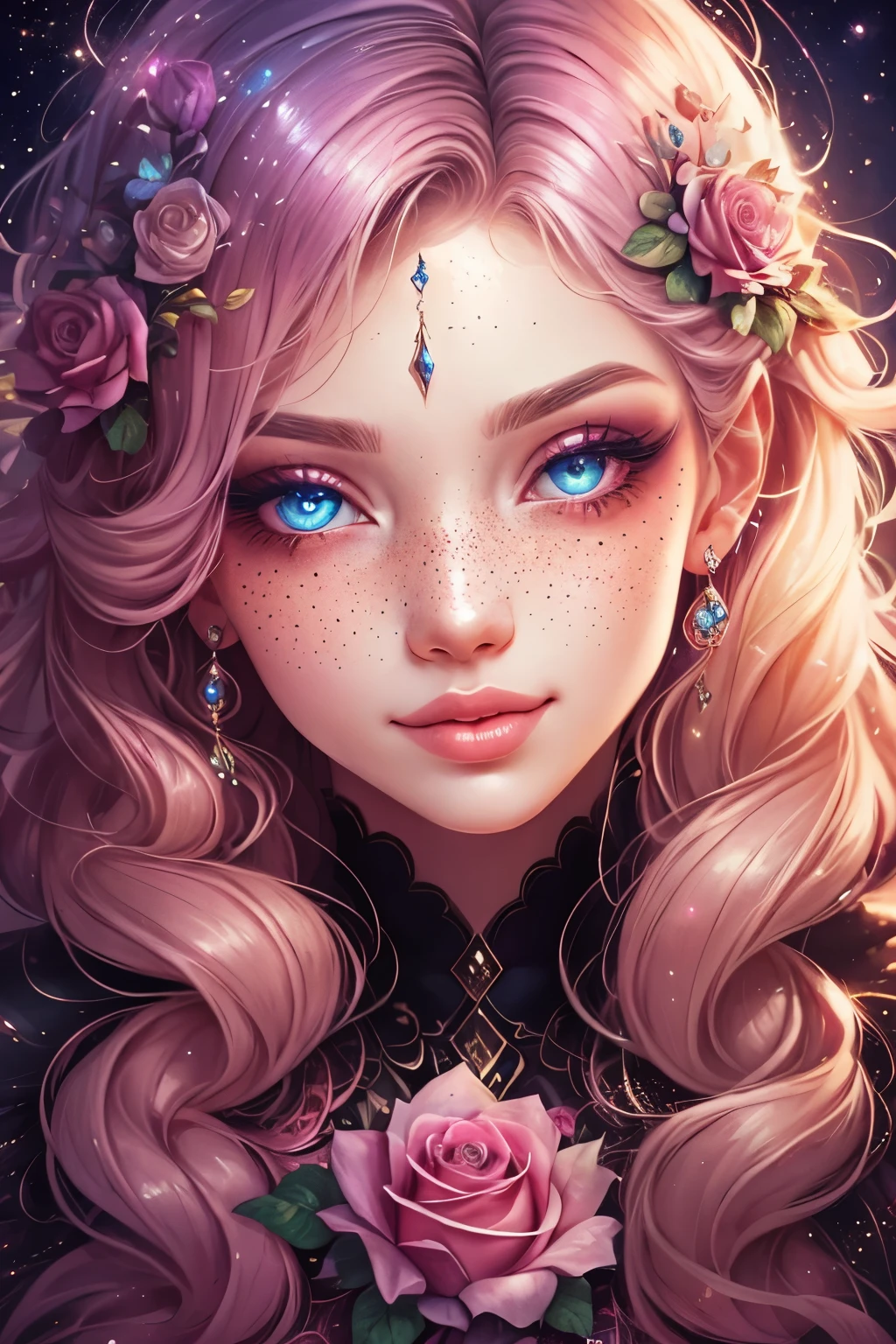 (This is a beautiful rainbow fantasy image that feels interesting and emphasizes glitter and iridescence.) Generate a ((blind)) curvy woman with colorful curly hair and milky eyes. Her face is important and is perfectly formed with puffy lips and perfect features. (Her eyes are critically important). The image exudes ethereal beauty and soft fantasy. Include sweet and detailed birds and soft, luminous flowers in all the colors of the rainbow. The image's background is decorated in shades of pink, shimmer, glitter, and fantasy details like colored bubbles and cosmos. Utilize dynamic composition to create a compelling and action-packed image. Dramatic lighting and cinematic lighting enhance the woman's beauty and the soft colors in the artwork. (((((Perspective: head on.))))) Include fantasy, cute, colorful, colourful, interesting magic background, (smirking), ((birthmark on lip)), ((pretty lips)), beautiful background, complex background, sweet background, (((rainbow))), subtle freckles, natural freckles, Surround her with eternal roses in shimmering shades. Add whimsical details like stars, bubbles, and glitter for an enchanting touch. Ensure perfection in her face, hair, and eyes. Incorporate elements of high fantasy, whimsy, and detailed elegance. English rose, princess, courtesan, noblewoman, sweet, lovely, calm, lovely, shimmering, glimmering, glittering, astrological fantasy, (((masterpiece))), (highest quality), magic rose, fantasy garden, beautiful face, perfect face, puffy lips, interesting, shy smile, fantasy elements, magic rose, beautiful eyes, perfect puffy lips, jewel tones, luminosity