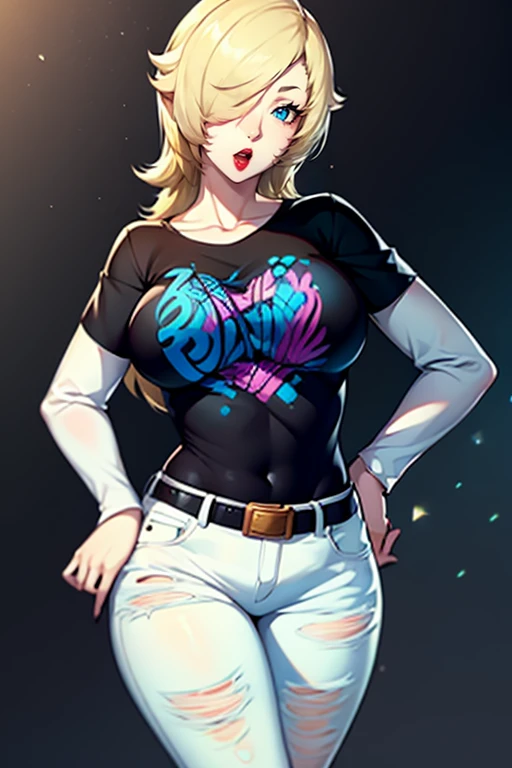 rosalina,1girl, solo, black t-shirt, white shirt, blue jeans, belt, lipstick, large breasts