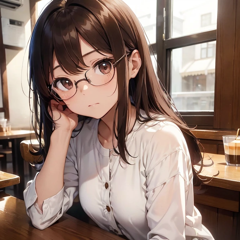 masterpiece、top quality、(shaggy brown hair、I have bangs:1.1)、25 year old woman with dark brown eyes.、Wear glasses、wear a white cotton shirt with the top button undone、sitting in a cozy café, To drink coffee、(flat chest:1.1)、(tired expression:1.3)、(looking:1.5)、(Close-up of subject's face:1.3)、 To drink coffee、Place the camera over the subject、In the background is a cozy cafe at night..、Bold composition、Upper body shown、One、