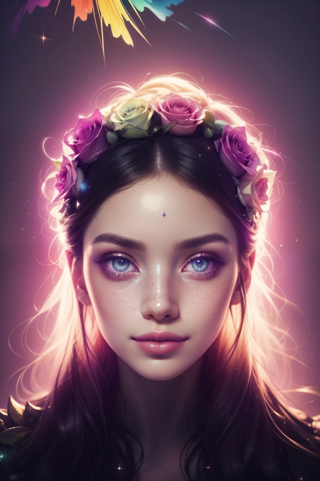 (This is a beautiful rainbow fantasy image that feels interesting and emphasizes glitter and iridescence.) Generate a ((blind)) curvy woman with colorful curly hair and milky eyes. Her face is important and is perfectly formed with puffy lips and perfect features. (Her eyes are critically important). The image exudes ethereal beauty and soft fantasy. Include sweet and detailed birds and soft, luminous flowers in all the colors of the rainbow. The image's background is decorated in shades of pink, shimmer, glitter, and fantasy details like colored bubbles and cosmos. Utilize dynamic composition to create a compelling and action-packed image. Dramatic lighting and cinematic lighting enhance the woman's beauty and the soft colors in the artwork. (((((Perspective: head on.))))) Include fantasy, cute, colorful, colourful, interesting magic background, (smirking), ((birthmark on lip)), ((pretty lips)), beautiful background, complex background, sweet background, (((rainbow))), subtle freckles, natural freckles, Surround her with eternal roses in shimmering shades. Add whimsical details like stars, bubbles, and glitter for an enchanting touch. Ensure perfection in her face, hair, and eyes. Incorporate elements of high fantasy, whimsy, and detailed elegance. English rose, princess, courtesan, noblewoman, sweet, lovely, calm, lovely, shimmering, glimmering, glittering, astrological fantasy, (((masterpiece))), (highest quality), magic rose, fantasy garden, beautiful face, perfect face, puffy lips, interesting, shy smile, fantasy elements, magic rose, beautiful eyes, perfect puffy lips, jewel tones, luminosity