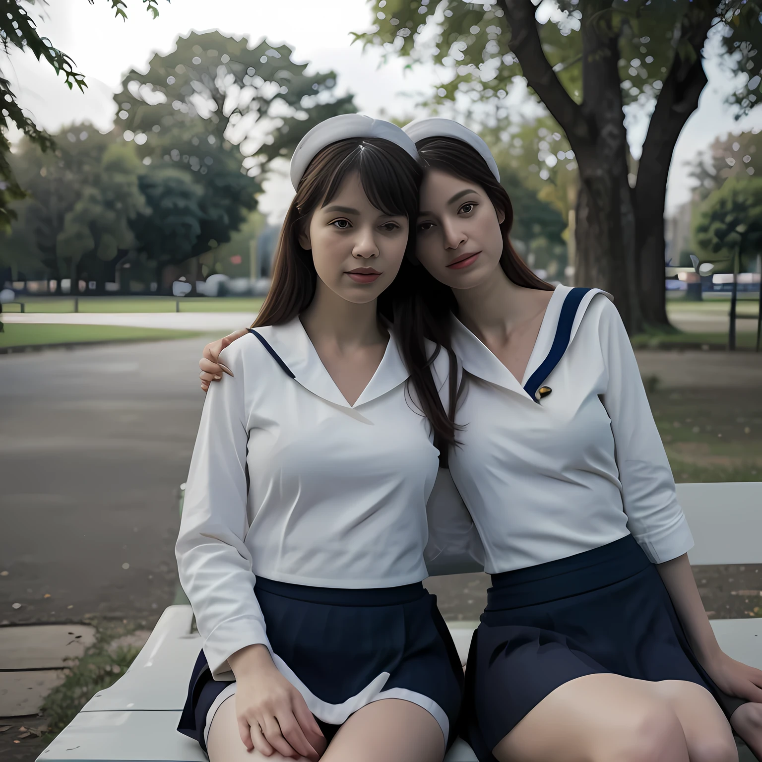 Two adult women, (White sailor suit and navy blue skirt:1.4), sitting on a park bench, daylight, photo, photorealistic, photorealism