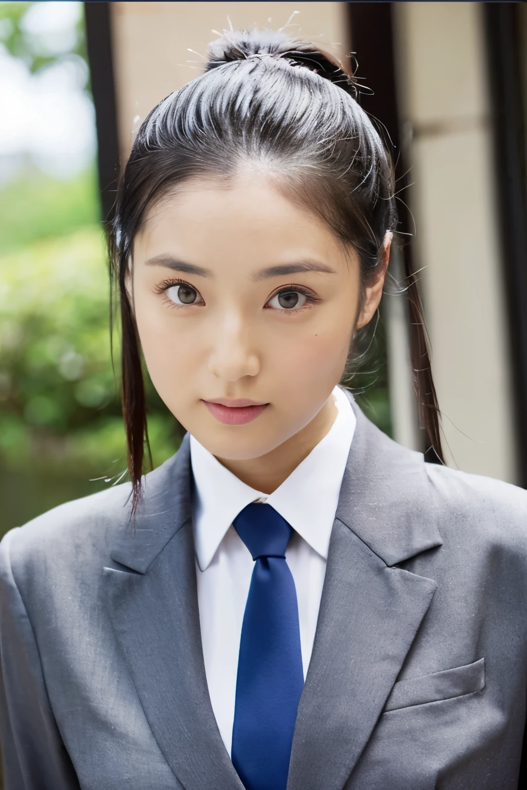 Japanese,woman,Hair style slicked back,Hair tied up,Tie your hair back in a chignon,Wide forehead,Fuji frame,round face,Big eyes,Grey suit