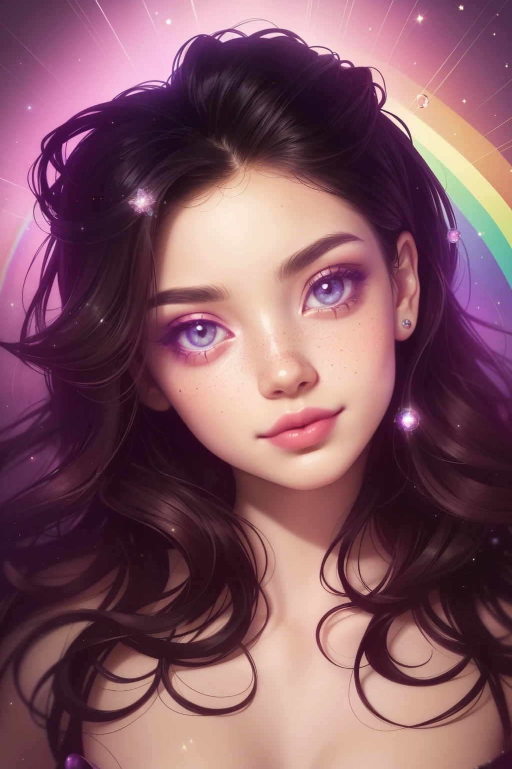 (This is a beautiful rainbow fantasy image that feels interesting and emphasizes glitter and iridescence.) Generate a ((blind)) curvy woman with colorful curly hair and milky eyes. Her face is important and is perfectly formed with puffy lips and perfect features. (Her eyes are critically important). The image exudes ethereal beauty and soft fantasy. Include sweet and detailed birds and soft, luminous flowers in all the colors of the rainbow. The image's background is decorated in shades of pink, shimmer, glitter, and fantasy details like colored bubbles and cosmos. Utilize dynamic composition to create a compelling and action-packed image. Dramatic lighting and cinematic lighting enhance the woman's beauty and the soft colors in the artwork. (((((Perspective: head on.))))) Include fantasy, cute, colorful, colourful, interesting magic background, (smirking), ((birthmark on lip)), ((pretty lips)), beautiful background, complex background, sweet background, (((rainbow))), subtle freckles, natural freckles, Surround her with eternal roses in shimmering shades. Add whimsical details like stars, bubbles, and glitter for an enchanting touch. Ensure perfection in her face, hair, and eyes. Incorporate elements of high fantasy, whimsy, and detailed elegance. English rose, princess, courtesan, noblewoman, sweet, lovely, calm, lovely, shimmering, glimmering, glittering, astrological fantasy, (((masterpiece))), (highest quality), magic rose, fantasy garden, beautiful face, perfect face, puffy lips, interesting, shy smile, fantasy elements, magic rose, beautiful eyes, perfect puffy lips, jewel tones, luminosity