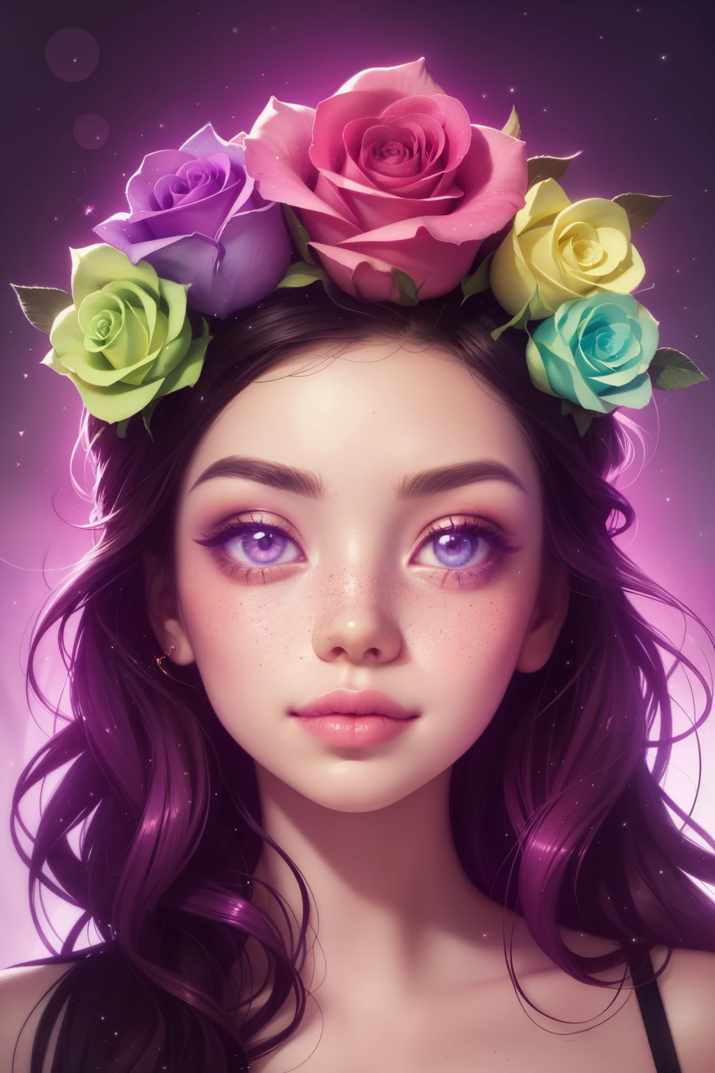 (This is a beautiful rainbow fantasy image that feels interesting and emphasizes glitter and iridescence.) Generate a ((blind)) curvy woman with colorful curly hair and milky eyes. Her face is important and is perfectly formed with puffy lips and perfect features. (Her eyes are critically important). The image exudes ethereal beauty and soft fantasy. Include sweet and detailed birds and soft, luminous flowers in all the colors of the rainbow. The image's background is decorated in shades of pink, shimmer, glitter, and fantasy details like colored bubbles and cosmos. Utilize dynamic composition to create a compelling and action-packed image. Dramatic lighting and cinematic lighting enhance the woman's beauty and the soft colors in the artwork. (((((Perspective: head on.))))) Include fantasy, cute, colorful, colourful, interesting magic background, (smirking), ((birthmark on lip)), ((pretty lips)), beautiful background, complex background, sweet background, (((rainbow))), subtle freckles, natural freckles, Surround her with eternal roses in shimmering shades. Add whimsical details like stars, bubbles, and glitter for an enchanting touch. Ensure perfection in her face, hair, and eyes. Incorporate elements of high fantasy, whimsy, and detailed elegance. English rose, princess, courtesan, noblewoman, sweet, lovely, calm, lovely, shimmering, glimmering, glittering, astrological fantasy, (((masterpiece))), (highest quality), magic rose, fantasy garden, beautiful face, perfect face, puffy lips, interesting, shy smile, fantasy elements, magic rose, beautiful eyes, perfect puffy lips, jewel tones, luminosity