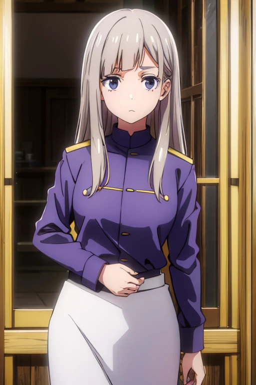 best quality,4k,8k,highres,masterpiece:1.2)brown hair, lilac eyes, alone, wears uniformn