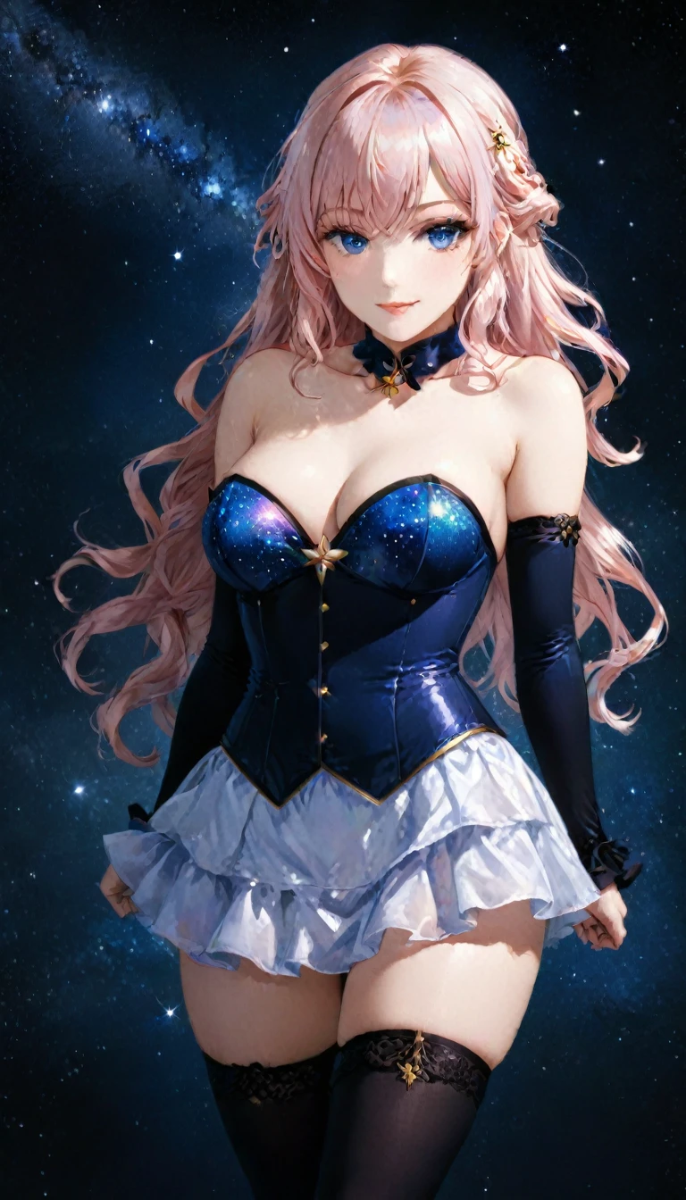 (masterpiece, best quality:1.2), cowboy shot, pov,solo, 1girl, sheryl nome, smile, closed mouth, looking at viewer, strapless, corset, tiny skirt, thighhighs, bare shoulders, outer space, star (sky)