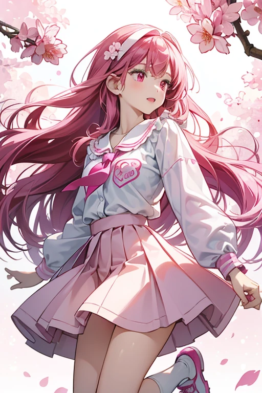 In Ruby's human form, she appears as a young girl, who has fair skin and cherry red eyes. She has cherry red medium length hair and wears a thin fuchsia magenta pink headband with her signature cherry blossom flower ornament with a powder white large kerchief attached to it. She also wears a light pastel fuchsia magenta pink unbuttoned seifuku jacket with side pockets and a powder white shirt with a pastel fuchsia magenta pink folded collar. She wears a pleated pastel fuchsia magenta pink skirt, powder white long socks, and pastel fuchsia magenta pink shoes. Her shoelaces resemble Ruby's signature cherry necklace. SPARKLE; GLITTER