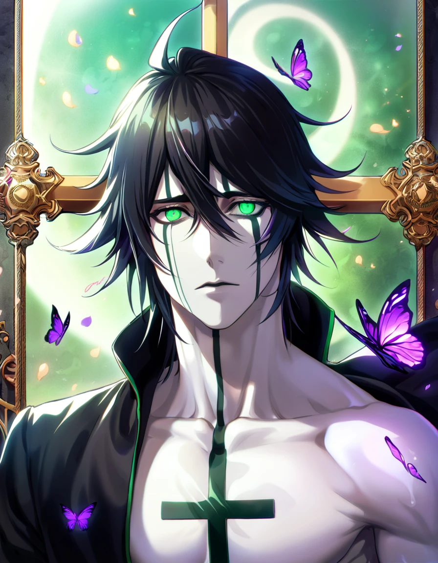 absurdres, highres, ultra detailed, HDR, master piece, best quality, Ulquiorra Cifer, black hair, hair between the eyes, expressive green eyes, pale skin, Bleach, solo, sexy man, handsome, toned chest, white shirt, black coat, cross, purple butterflies, petals, magical