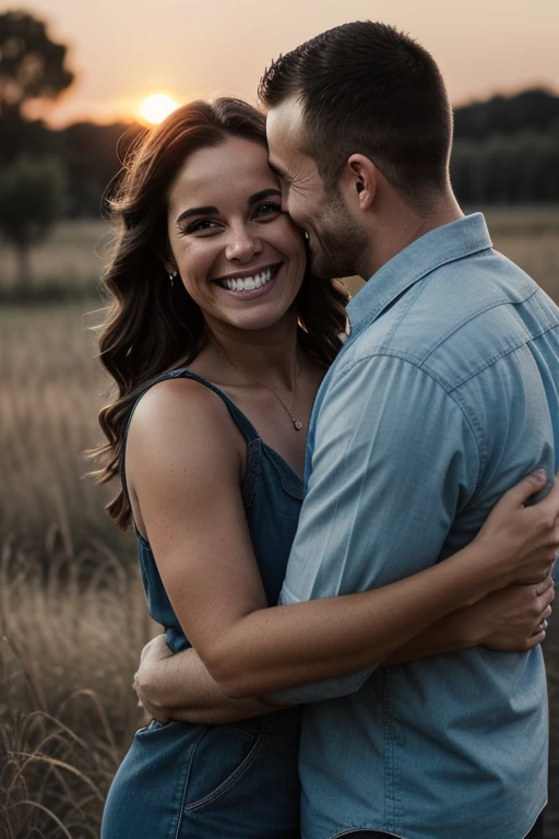 One Couple, looking at viewer, smile, they're hugging each other, outdoors, backlighting, sunset