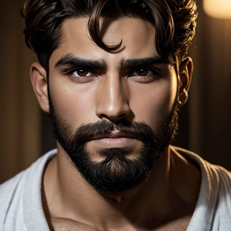 26 year old man, piel morena, Brown hair, ojos negros, cejas gruesas, frown, labios gruesos, barba incipiente 