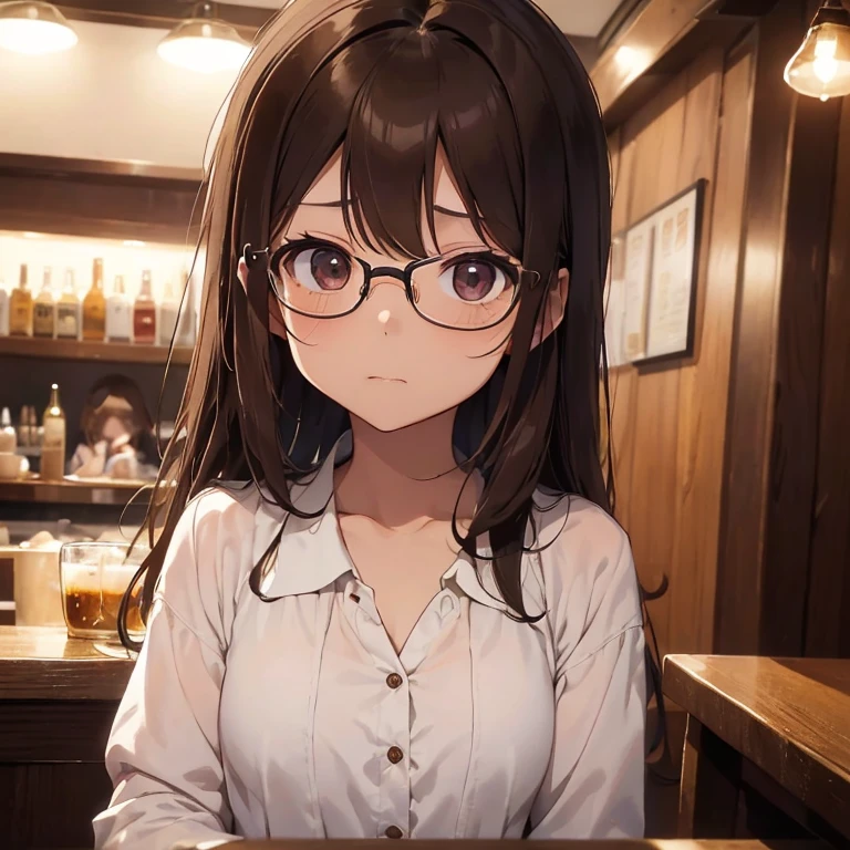 masterpiece、top quality、(shaggy brown hair、I have bangs:1.1)、25 year old woman with dark brown eyes.(dark circles under the eyes)、Wear glasses、wear a white cotton shirt with the top button undone、sitting in a cozy night cafe, to drink beer、(flat chest:1.1)、(tired expression:1.3)、(looking:1.5)、(Close-up of subject&#39;s face:1.3)、 solo、Place the camera over the subject、In the background is a cozy deserted cafe at night..、Bold composition、Upper body shown、One、