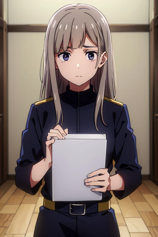 best quality,4k,8k,highres,masterpiece:1.2)brown hair, lilac eyes, alone, wears uniformn
