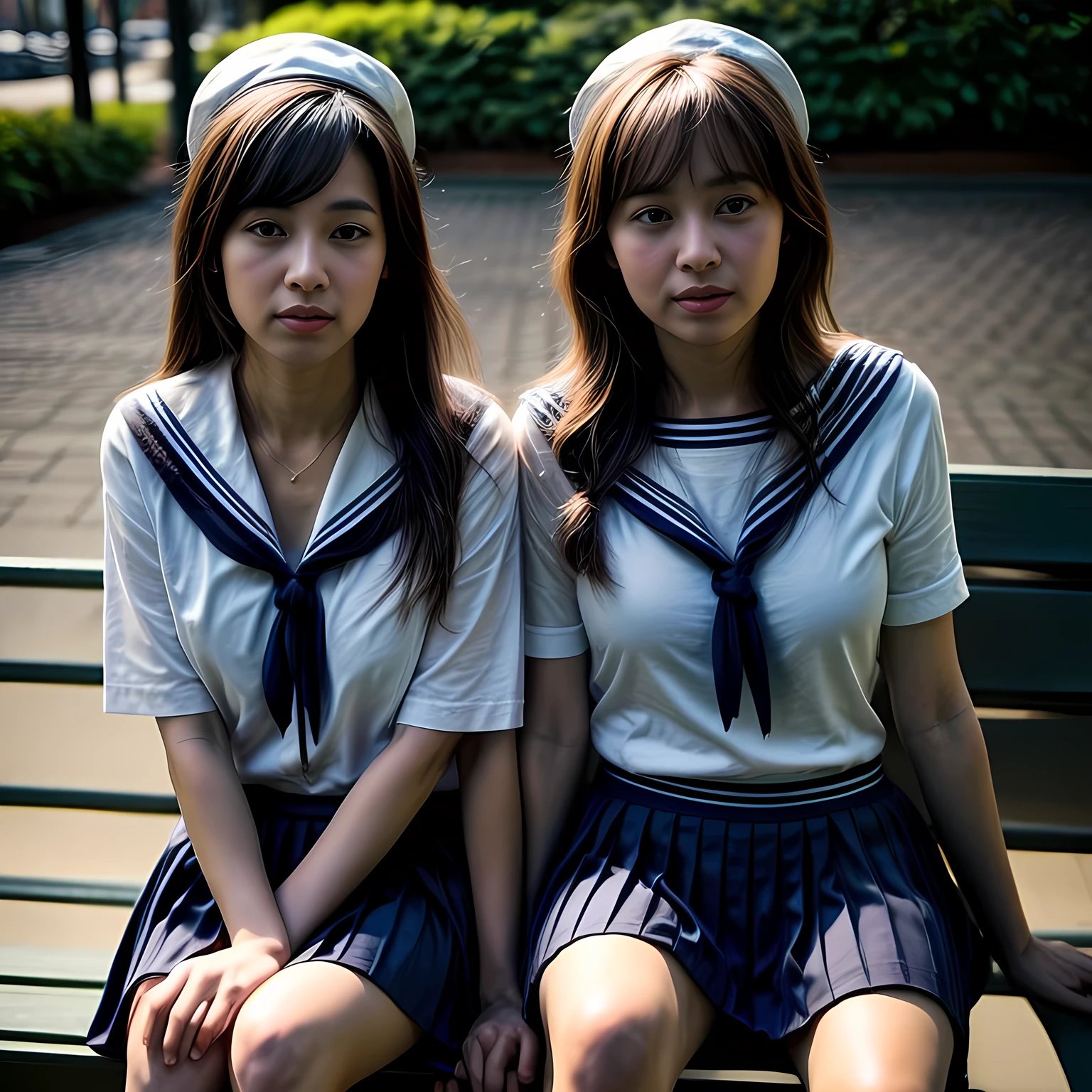 Two adult women, (White sailor suit and navy blue skirt:1.4), sitting on a park bench, daylight, photo, photorealistic, photorealism