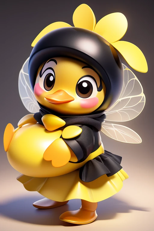 create an image of a beautiful and happy baby duck dressed as a bee with a skirt and with lines in black and yellow colors in PixelAr format. put the name: "Patytos de Layme" in 3D