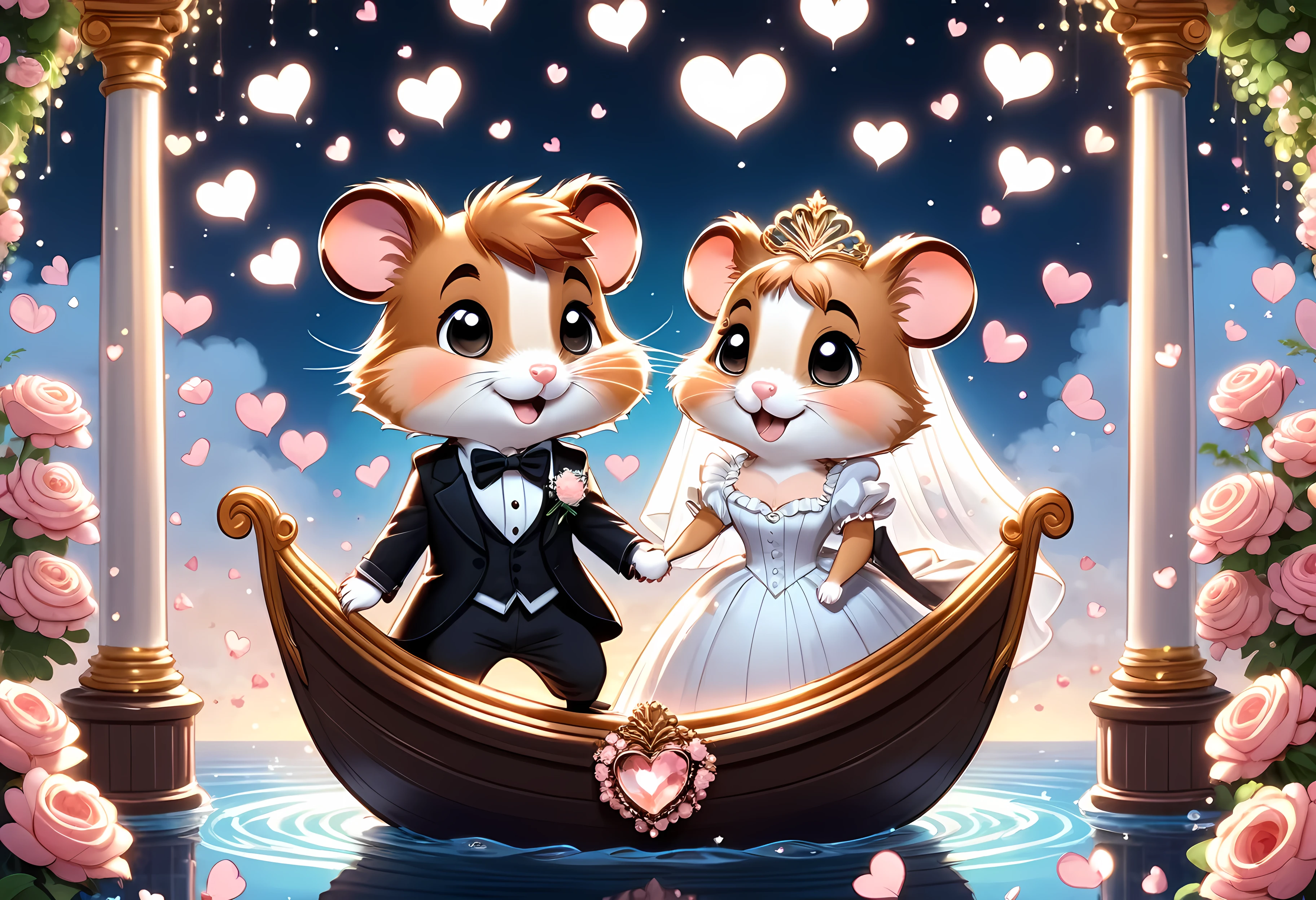 CuteCartoonAF, Cute Cartoon, cute cartoon illustration, (masterpiece in maximum 16K resolution, superb quality, ultra detailed:1.3), side view of a hamster love couple standing on the (decorative romantic boat amidst the classic wedding ceremony), (ruffled stylish clothes:1.2), (columns surrounded with flowers, floating petals), divine aura, serene romantic atmosphere.
