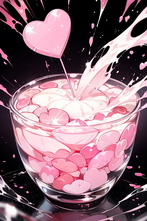 the base is pink and the hearts are white, with the top fully colored in red. The sweets blend in with the top's full coloring, giving the illusion that it is partially submerged in the liquid. SPARKLE; GLITTER