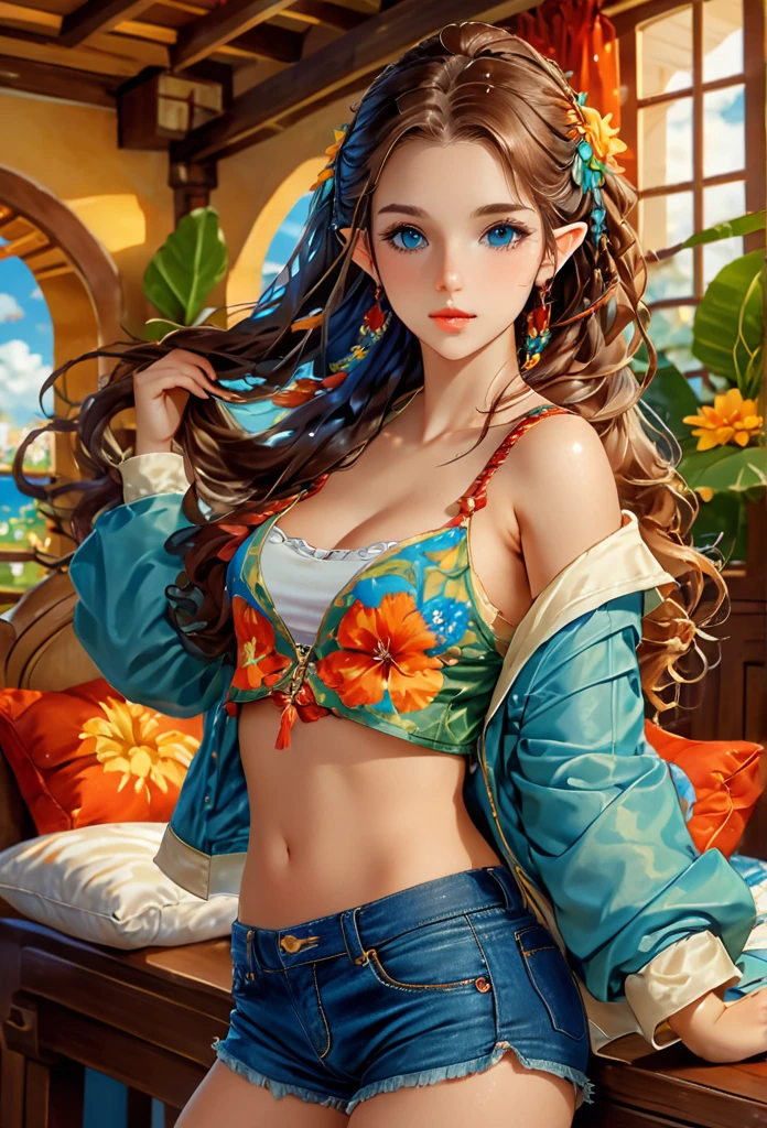 1female elf,long hair in braids,cabelos loiros,orelhas pontudas,olhos azuis, thin lips, rosto redondo,seios enormes, quadris largos,usando jaqueta de couro ,shorts jeans rasgados,sentada em uma poltrona,sala de estar,sorrindo