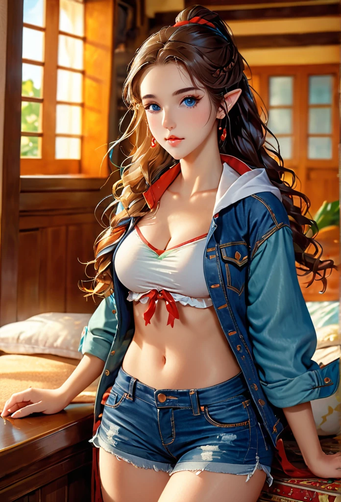 1female elf,long hair in braids,cabelos loiros,orelhas pontudas,olhos azuis, thin lips, rosto redondo,seios enormes, quadris largos,usando jaqueta de couro ,shorts jeans rasgados,sentada em uma poltrona,sala de estar,sorrindo