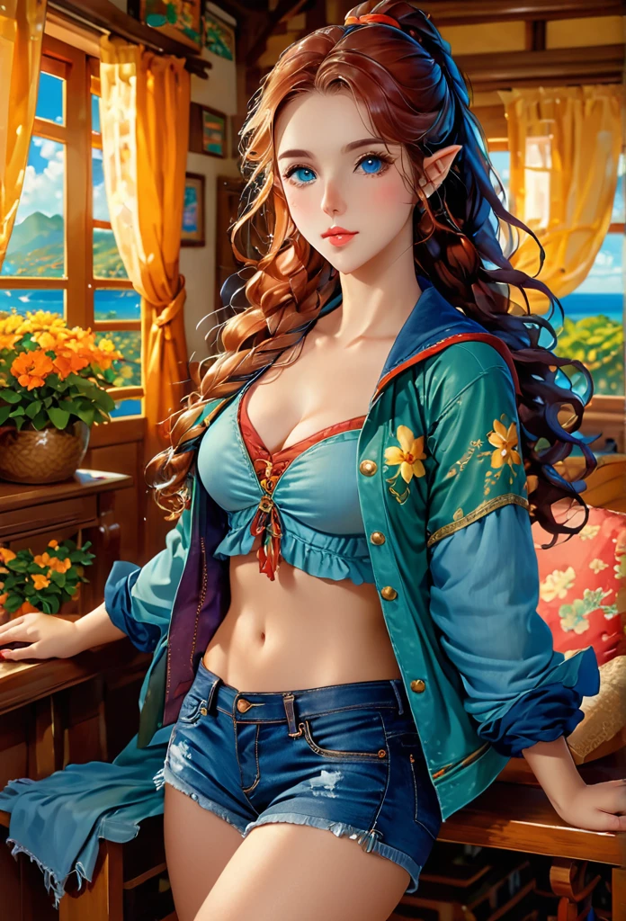 1female elf,long hair in braids,cabelos loiros,orelhas pontudas,olhos azuis, thin lips, rosto redondo,seios enormes, quadris largos,usando jaqueta de couro ,shorts jeans rasgados,sentada em uma poltrona,sala de estar,sorrindo