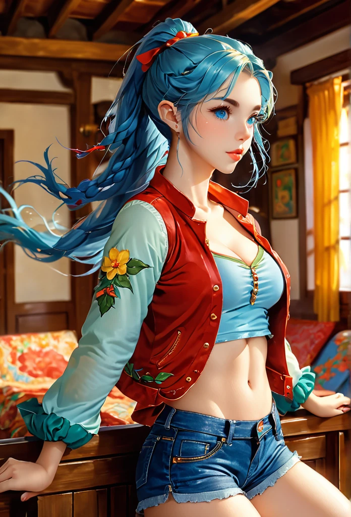 1female elf,long hair in braids,cabelos loiros,orelhas pontudas,olhos azuis, thin lips, rosto redondo,seios enormes, quadris largos,usando jaqueta de couro ,shorts jeans rasgados,sentada em uma poltrona,sala de estar,sorrindo