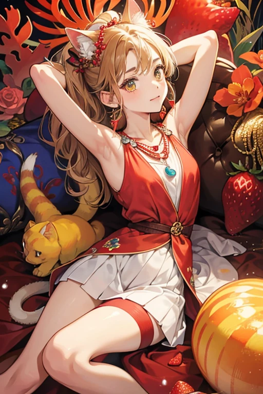 Sango is a tabby cat with a yellow body and brown inner ears and stripes around her head, back, arms, legs and tail. Her Jewel Eyes are made out of scarlet corals. For her attire, she wears a red ribbon with a white flower in the middle around her left ear and a grey pearl necklace with a strawberry coral jewel attached around her neck. SPARKLE; GLITTER
