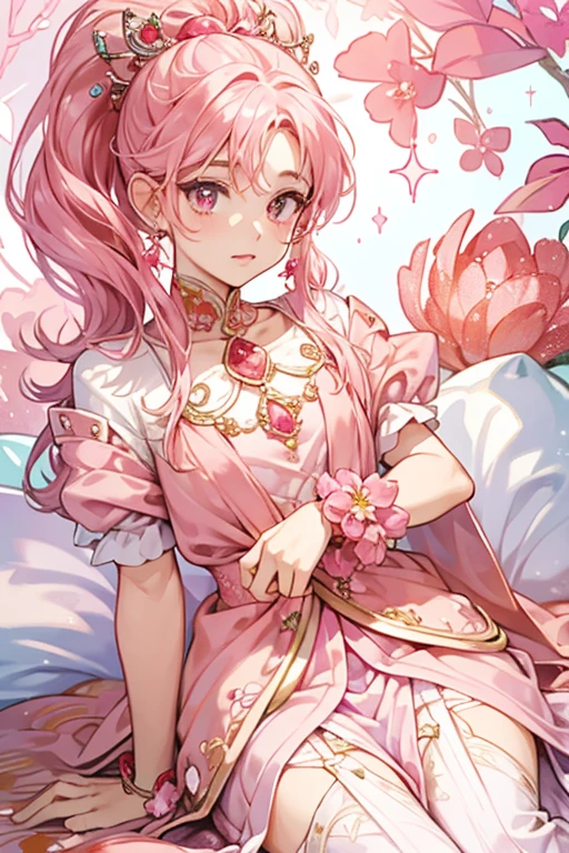 Sango's Jewel Charm is pink and egg-shaped. It is decorated with a large pink strawberry-shaped coral in the center and two small ones on the sides. It also has white gold embroidered on it. SPARKLE; GLITTER