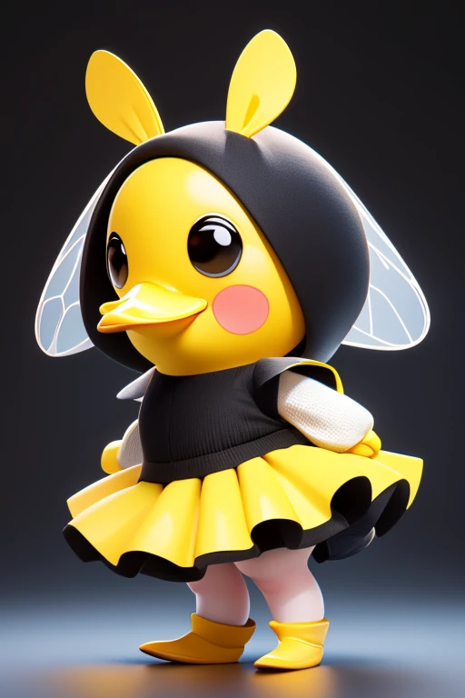 create an image of a beautiful and happy baby duck dressed as a bee with a skirt and with lines in black and yellow colors in PixelAr format. put the name: "Patytos de Layme" in 3D