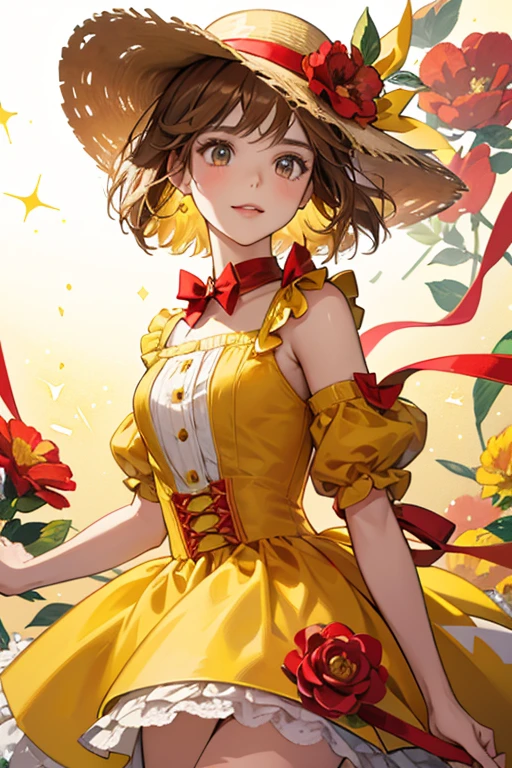 she is a with short brownish hair and a yellow summer hat (with a red flower ribbon) on her head and wears a red-sleeved lemon yellow dress which has a bow at the back. SPARKLE; GLITTER