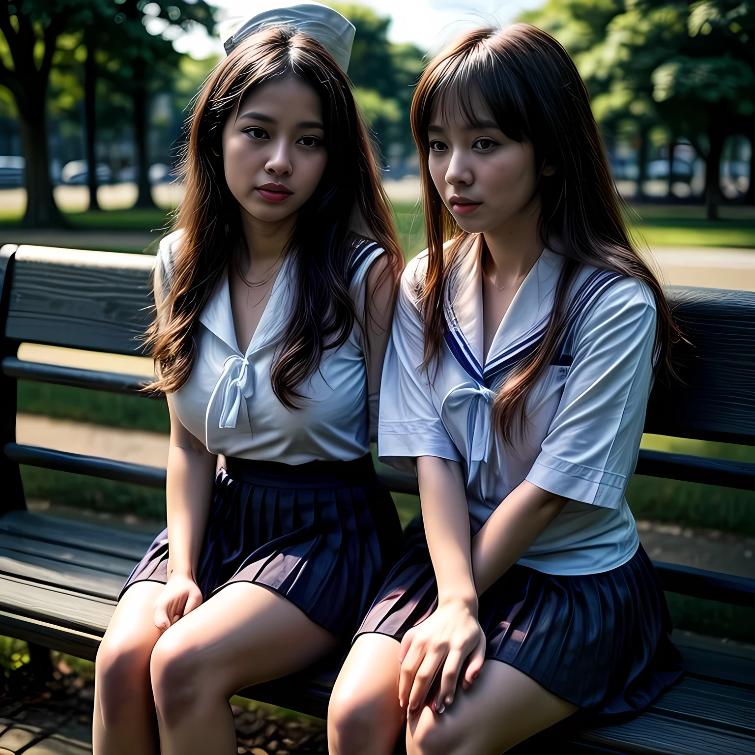 Two adult women, (White sailor suit and navy blue skirt:1.4), sitting on a park bench, daylight, photo, photorealistic, photorealism,giga_busty, large breasts