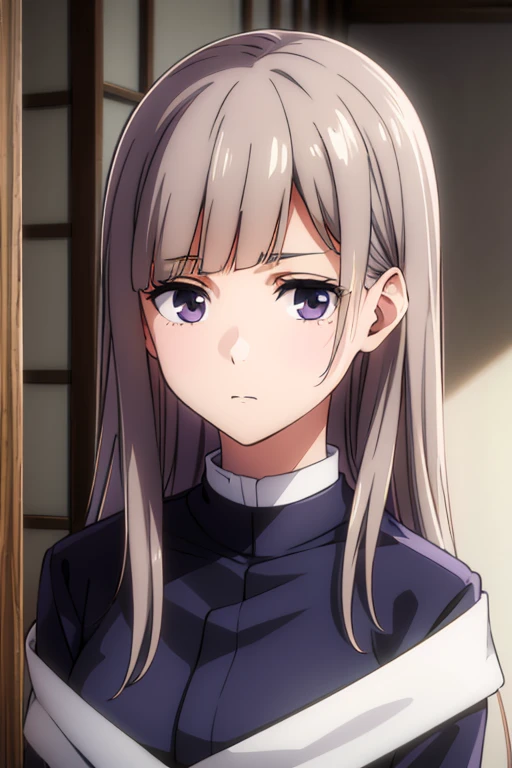 best quality,4k,8k,highres,masterpiece:1.2)brown hair, lilac eyes, alone, wears uniformn