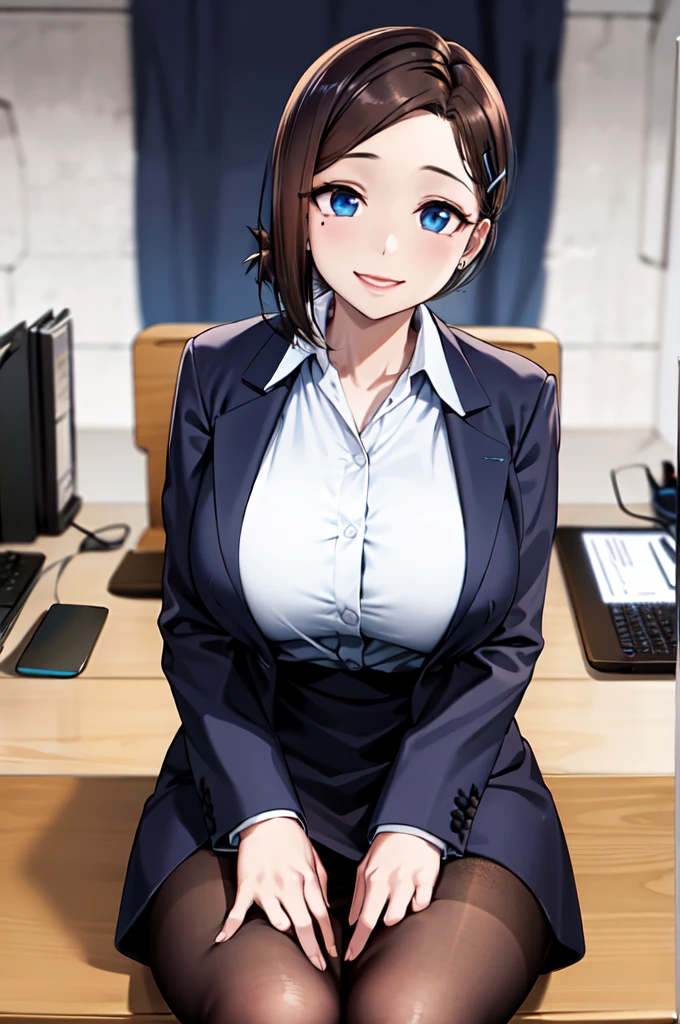 masterpiece, absurdres, best quality, (extremely detailed eyes and face), natural skin texture, detailed skin, sharp focus, intricate details, natural lighting, perfect body), 1lady, solo, short hair, brown hair, low ponytail, hairclip, blue eyes, mole under eye, earrings,black blazer,white shirt, collared shirt, lanyard, long sleeves, black skirt, brown pantyhose,large breasts,sitting on the desk in the office,the crowd,in the working,indoors,cowboy shot,seductive posture,lovely smile,