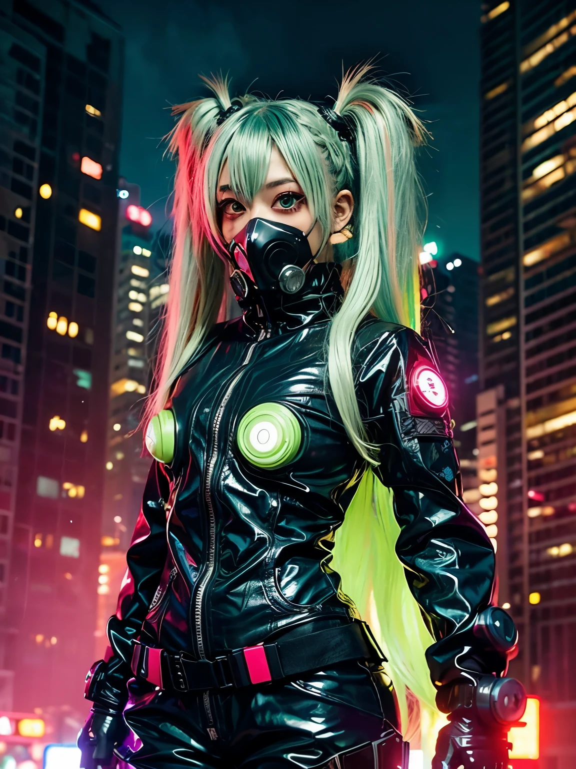 1girl, woman, neon green hair, twintails, gas mask, cyberpunk outfit, cyberpunk setting, bright colors, neon city, neon city background, looking at viewer, facing viewer, beautiful, masterpiece