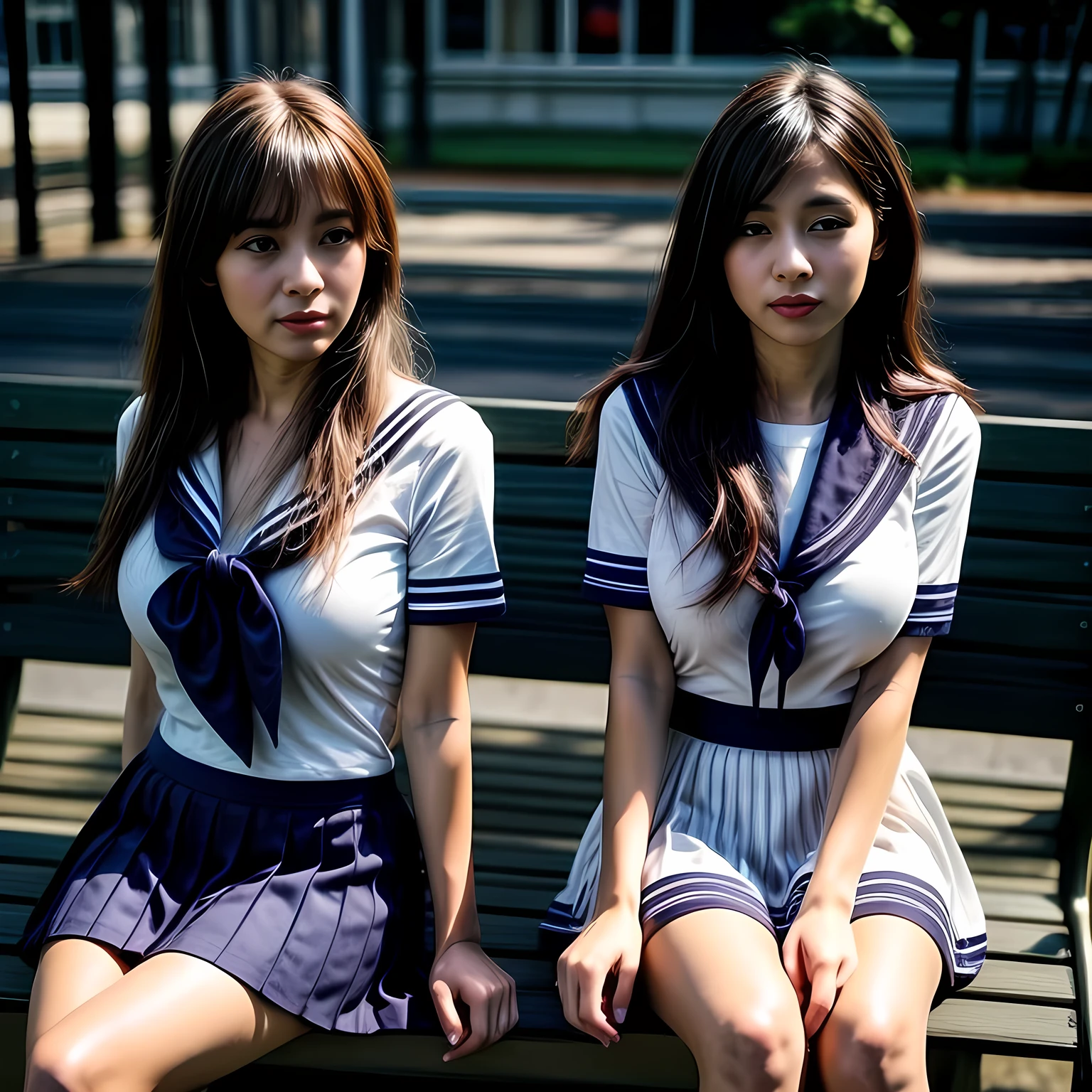 Two adult women, (White sailor suit and navy blue skirt:1.4), sitting on a park bench, daylight, photo, photorealistic, photorealism