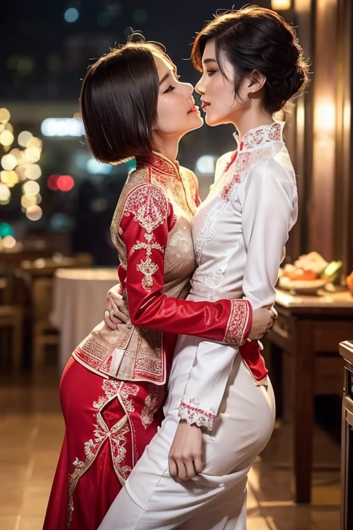 2 Malay girl, short white hair, pixie cut hair, wear light plain red women's long-sleeved dress opened at the front, opened buttons, pins, or brooches, (baju kebaya:1.3) laughing and posing with hand on hip, wear handbag, from front view, windy, detail skin, age spot, detail skin texture, mole below eyes, big breast, transparent clothes, transparent clothes, breast wide hips, small waists, thick thighs, slim abs, beautiful body, nighttime, laughing, happy, bright lighting, crowded dinner hall, blur background, bokeh, brown nipple, nipple's breast visible, amazing perfect breast with nipple show, kissing each other, passion kiss, kissing using togue, touch breast each other