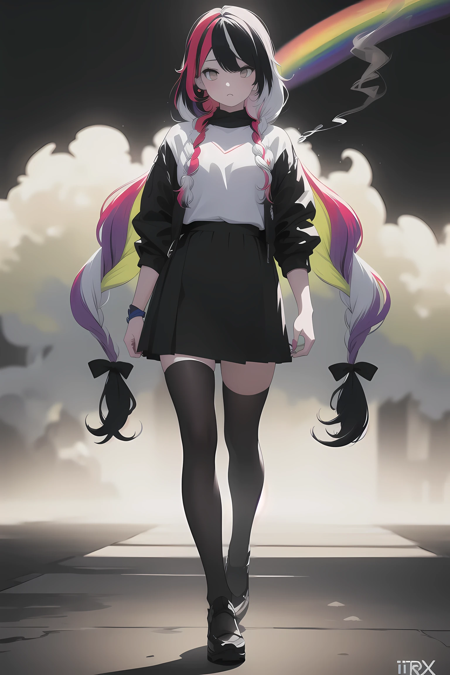 (full body:1.2), (Smokexxx:1.4), 1girl with really wild hair, (wavy multicolor hair:1.2), (two long braids:1.2), (long wild hair:1.2), (multicolored hair: 1.9), wearing a long skirt, high contrast, epic cinematic, soft studio lights, rim light, absurd, amazing, funny, itricate, hyper detailed, ultra realistic, soft colors, 8K
