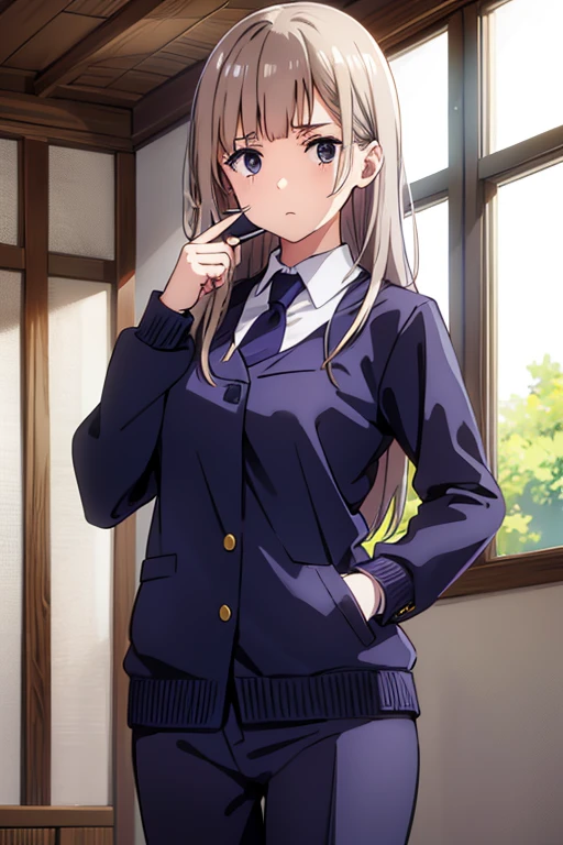 best quality,4k,8k,highres,masterpiece:1.2)brown hair, lilac eyes, alone, wears school uniformn