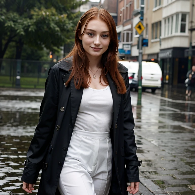 Sophie Turner in rainy weather dressed in stylish clothes and smiling