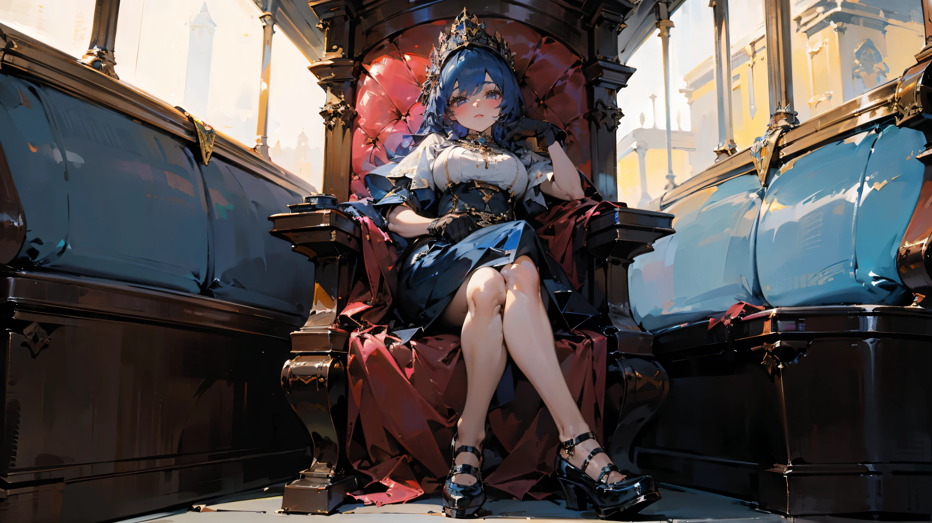 ((best quality)), Jewelry Packaging)),((1 Obese girl))，yacht，Cross your legs，Dark blue hair，Luxurious details everywhere，inside a train，Platform shoes，((Gloves))，（Nikolai Fehin），( Fisher, )，The background is the reservoir