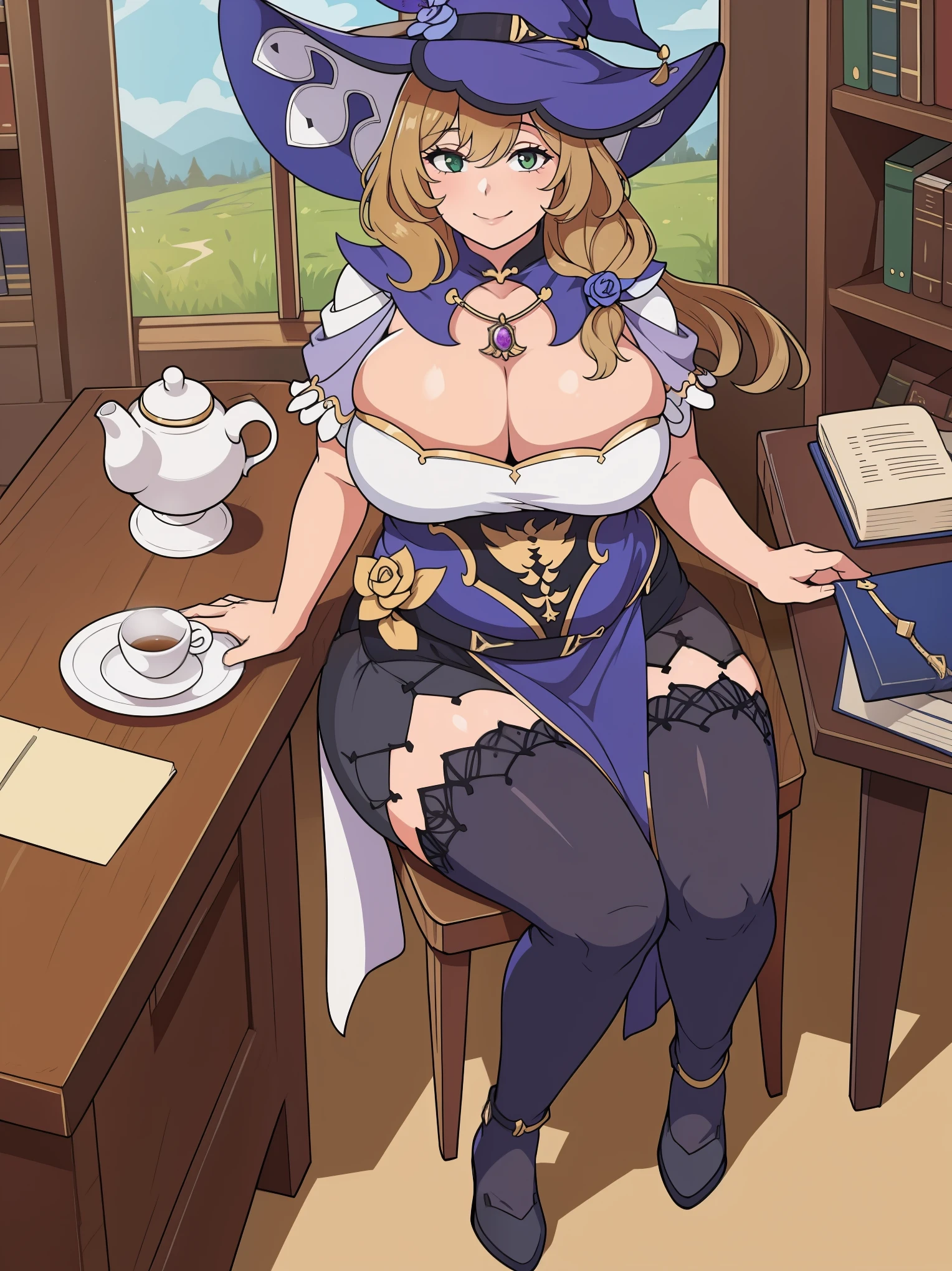 Book, (Full body:1.1)(Big breasts:1.2),smiling, flirty, cute Sfw, Lisa, witch outfit, witch hat, default clothing, library sitting at table, wooden table, wooden chair, tablecloth, tea , looking at viewer