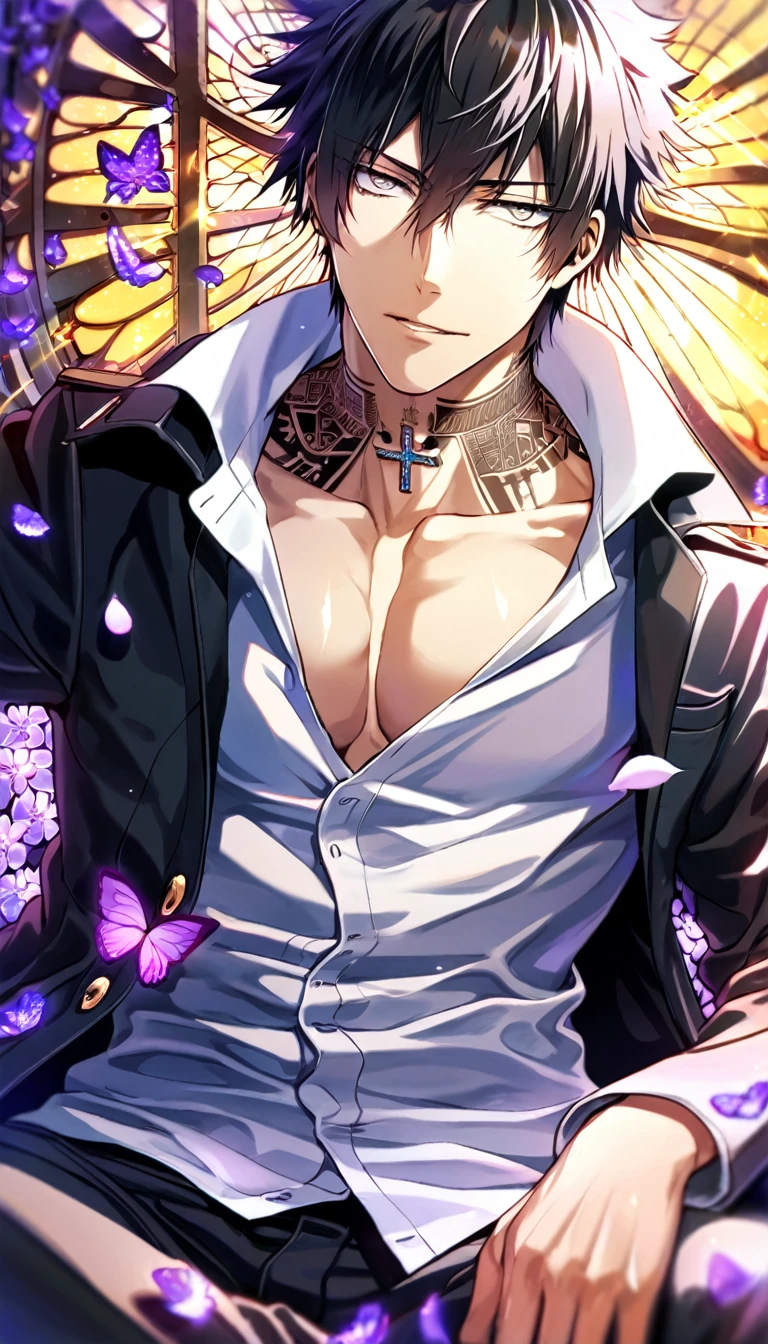 Ultra detailed, Highres, absurdres, HDR, Kougami Shinya, black hair, expressive silver eyes, black coat with patterns, Psycho Pass, white shirt, cross, glittering purple butterflies, petals, handsome, sexy man, solo, very detailed eyes and face, master piece, toned chest, glittering, purple flowers, sitting, tattoo on his neck,