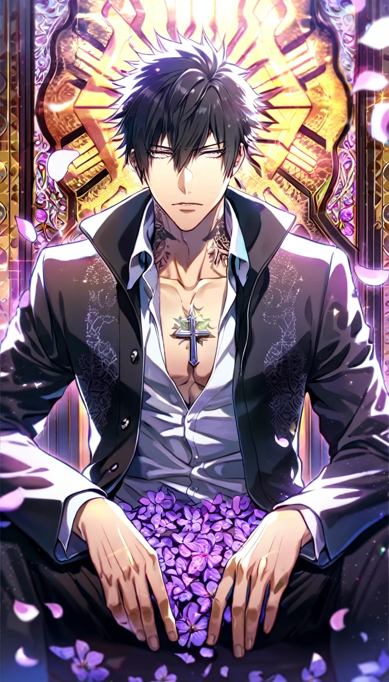 Ultra detailed, Highres, absurdres, HDR, Kougami Shinya, black hair, expressive silver eyes, black coat with patterns, Psycho Pass, white shirt, cross, glittering purple butterflies, petals, handsome, sexy man, solo, very detailed eyes and face, master piece, toned chest, glittering, purple flowers, sitting, tattoo on his neck,