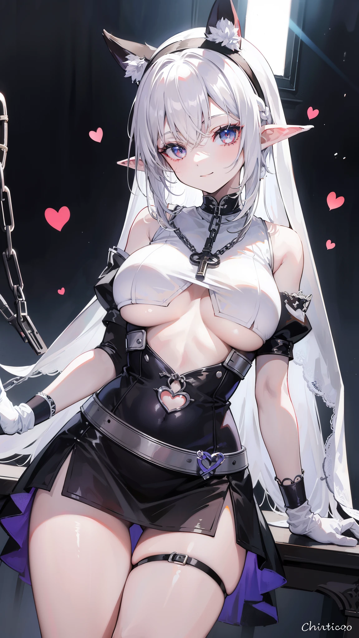 Striped hair,White color hair, Weaving, Student mismatch, Chiaroscuro, Backlight, Gothic art, 16K, best quality, Anatomically correct, Very detailed,nun,(White),Red pupil,belt,(Smile),bandage,Introversion,Leg ring,chain,((Devout nun)),Heart-shaped openwork,((Thigh strangle)),(pubic),(Silk gloves),Elf ears,((underboobs)),((Below the breasts)),((Lower breasts))