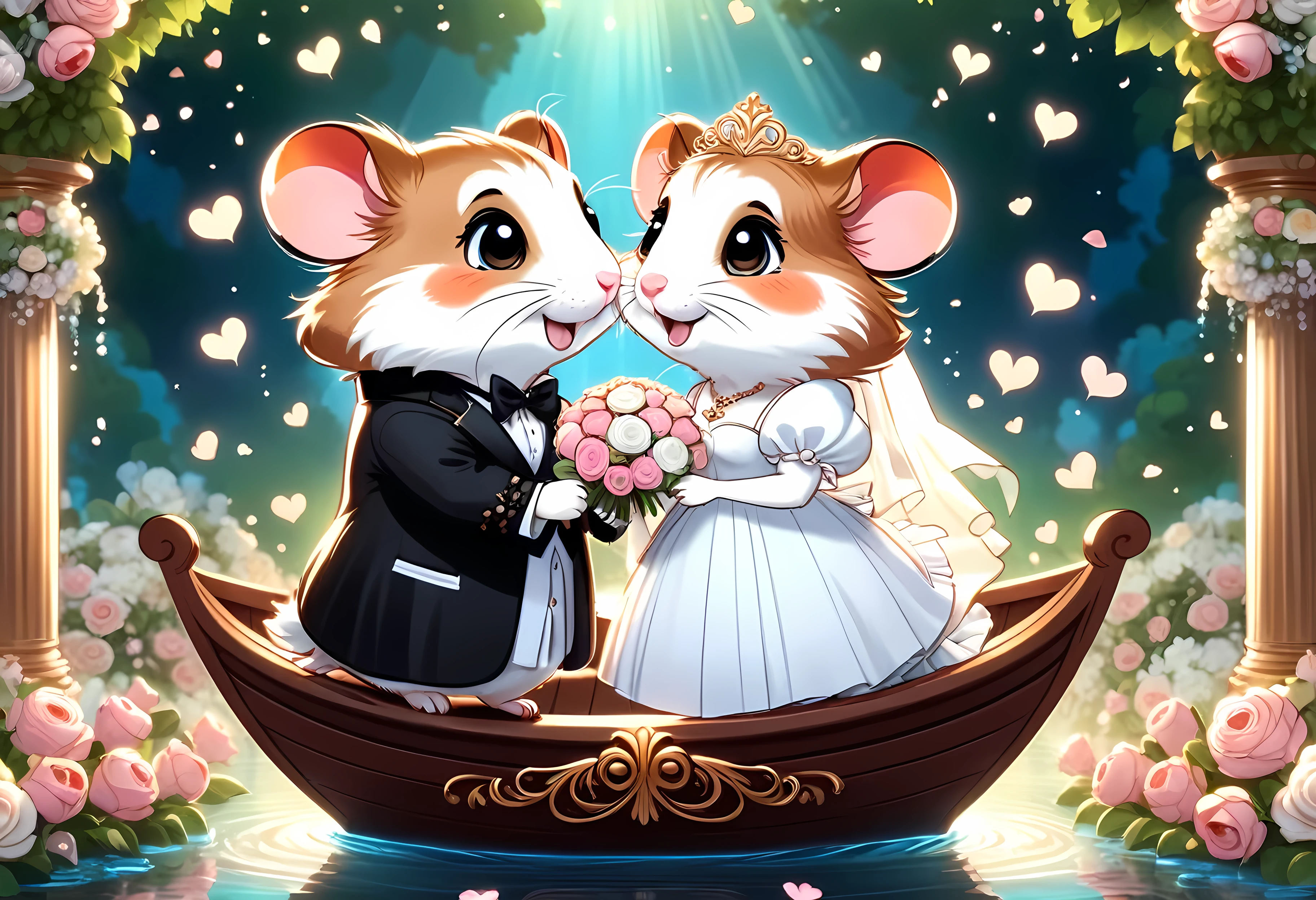 CuteCartoonAF, Cute Cartoon, cute cartoon illustration, (masterpiece in maximum 16K resolution, superb quality, ultra detailed:1.3), side view of a hamster love couple standing on the (decorative romantic boat:1.2) (amidst the classic wedding ceremony), (ruffled stylish clothes:1.4), (columns surrounded with flowers, floating petals), divine aura, serene romantic atmosphere.
