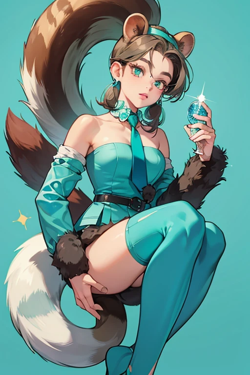 Tata is a squirrel girl monkey with a white head, body and tail and gray , hands and feet. her Jewel Eyes are made out of teal turquoises. For her attire, she wears a teal-colored turquoise necktie around her neck. SPARKLE; GLITTER