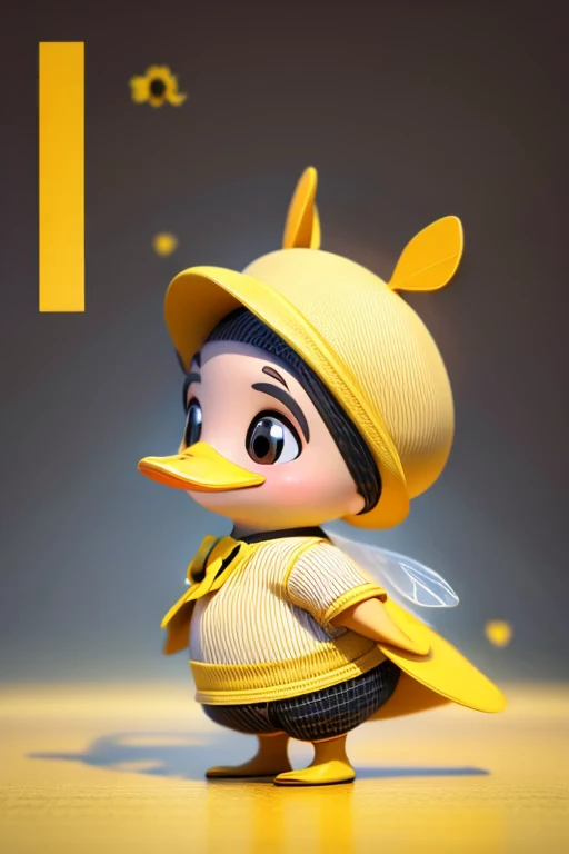 create an image of a beautiful and happy baby duck dressed as a bee with a skirt and with lines in black and yellow colors in PixelAr format. put the name: "Patytos de Layme" in 3D