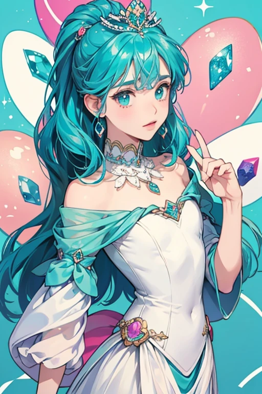 Tata's Jewel Charm is egg-shaped. It is mostly teal in color, with white linings around its top half, topped by one purple and two darker teal crystals. It's base is covered by a white and pink colored wing-like ornament. The center consists of nine turquoises; a large, egg-shaped one in the center, surrounded by eight small and circular ones; all are embedded into the white lining. SPARKLE; GLITTER