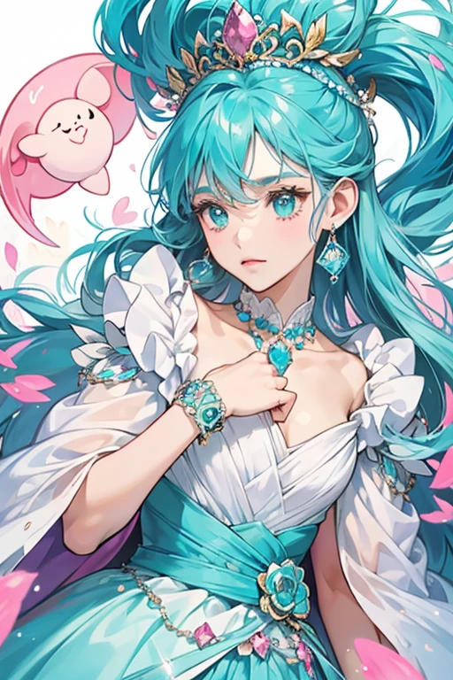 Tata's Jewel Charm is egg-shaped. It is mostly teal in color, with white linings around its top half, topped by one purple and two darker teal crystals. It's base is covered by a white and pink colored wing-like ornament. The center consists of nine turquoises; a large, egg-shaped one in the center, surrounded by eight small and circular ones; all are embedded into the white lining. SPARKLE; GLITTER