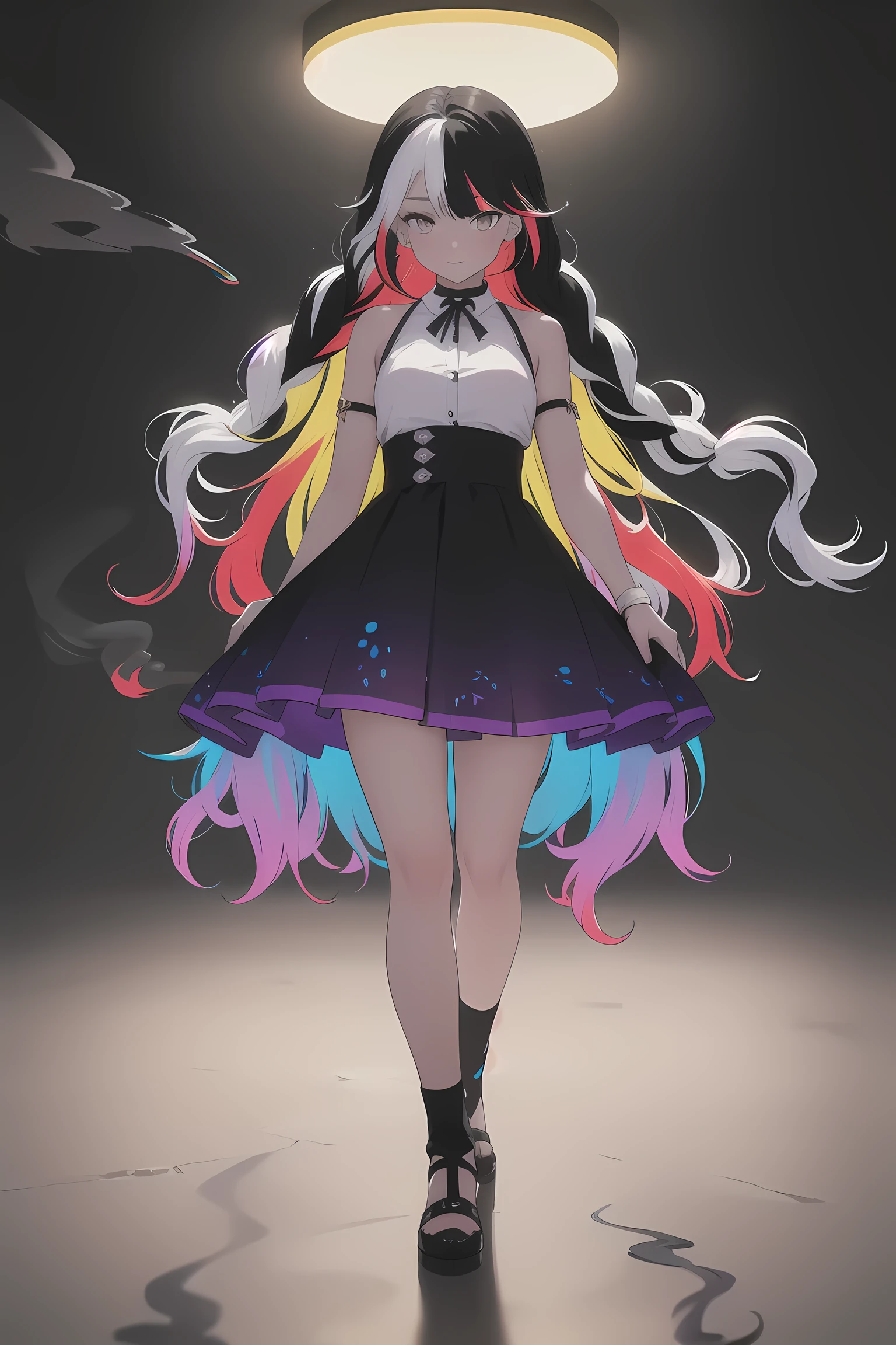 (full body:1.2), (Smokexxx:1.4), 1girl with really wild hair, (wavy multicolor hair:1.2), (two long braids:1.2), (long wild hair:1.2), (multicolored hair: 1.9), wearing a long skirt, high contrast, epic cinematic, soft studio lights, rim light, absurd, amazing, funny, itricate, hyper detailed, ultra realistic, soft colors, 8K
